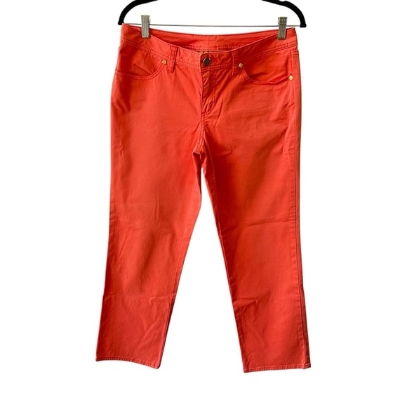 TORY BURCH SUPER SKINNY JEANS 30 CROPPED STRAIGHT SUMMER COASTAL GOLD LOGO STUDS - Picture 1 of 10
